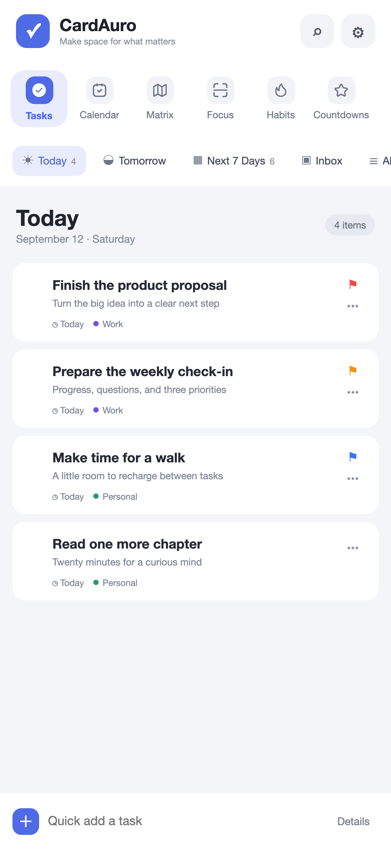 CardAuro Today view showing four tasks with notes, dates, and priorities